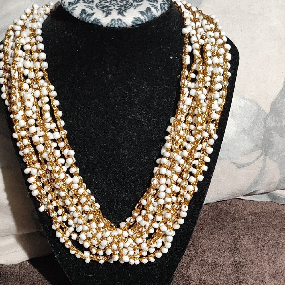 Elegant Gold and White Beaded Necklace